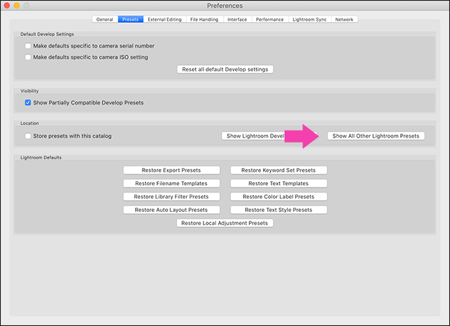 Dans l'onglet Paramètres prédéfinis, cliquez sur Afficher toutes les autres préférences de Lightroom.