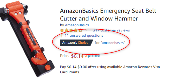 Snimka zaslona rezača sigurnosnog pojasa AmazonBasics. Naveden sam kao stavka izbora za pojam za pretraživanje "amazonbasics".