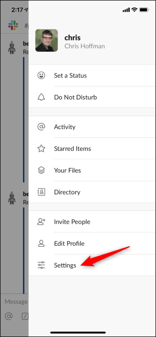 Kenar Çubuğu menüsünden Slack’daki iPhone’daki Ayarlar ekranını açın