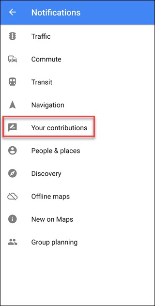 Menu powiadomień w Mapach Google z objaśnieniem Twój wkład