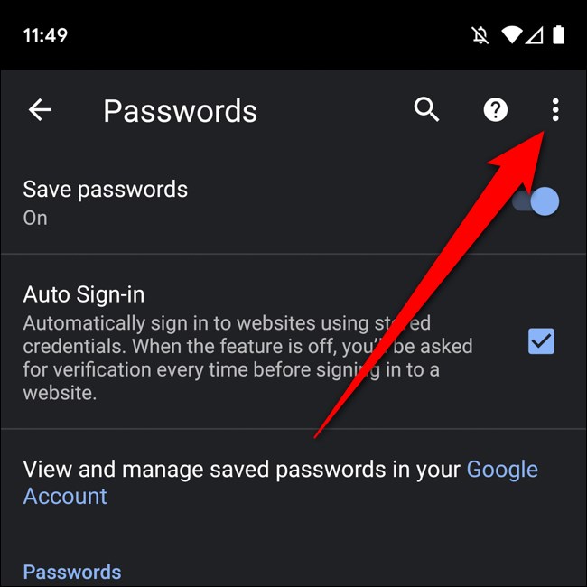 Menú de la lista de contraseñas de Android Chrome. Selecciona tres puntos