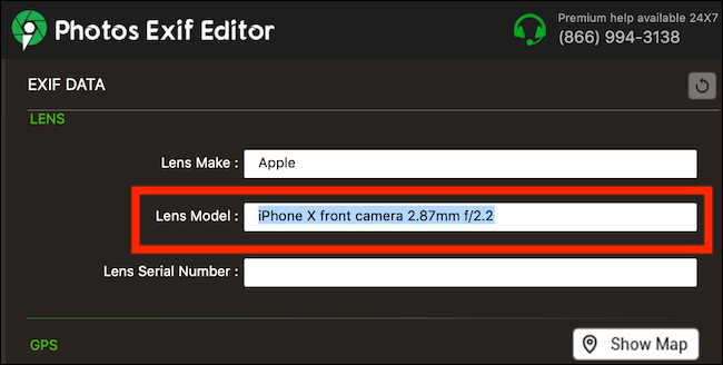 ลบข้อความในช่อง Lens Model เพื่อลบข้อมูลกล้องเซลฟี่