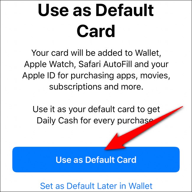 iPhone Wallet Използвайте Apple Card по подразбиране