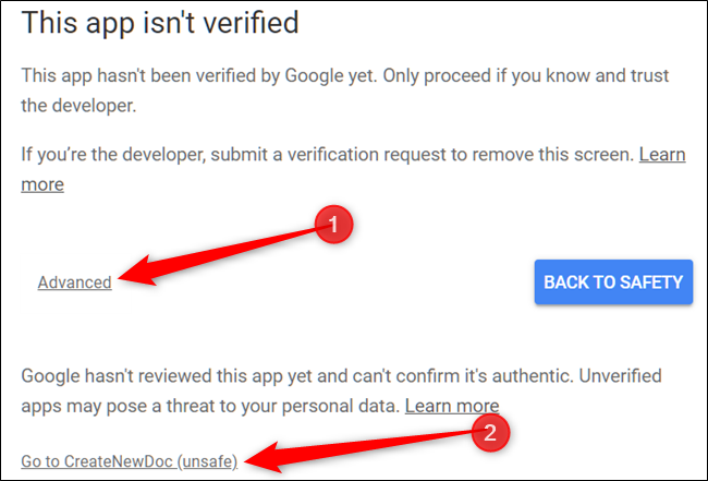 Viene visualizzato un avviso di Google che indica che l'app in esecuzione non è stata verificata da loro. Fai clic su Avanzate, quindi fai clic su Vai a CreateNewDoc