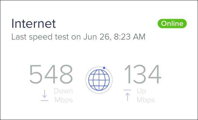 Un test de viteză pe internet care arată viteza de descărcare de 548 Mbps și 134 Mbps viteza de încărcare.