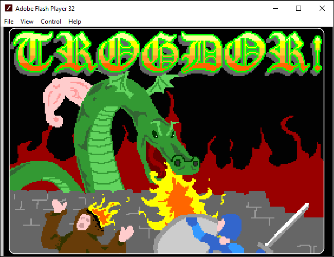 Trogdor-spil splash-skærm i den enkeltstående Adobe Flash Player på Windows