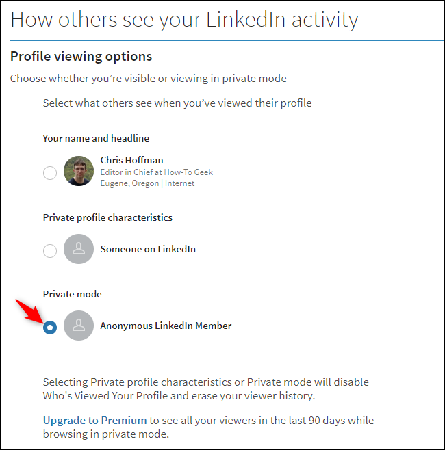 Option, LinkedIn daran zu hindern, Ihren Namen mit jemandem zu teilen, wenn Sie dessen Profil anzeigen