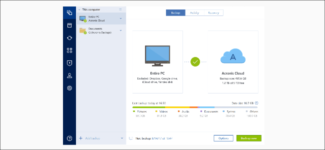 O menu de backup da Acronis.