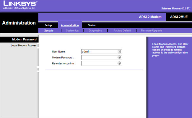 Page de changement de mot de passe LINKSYS