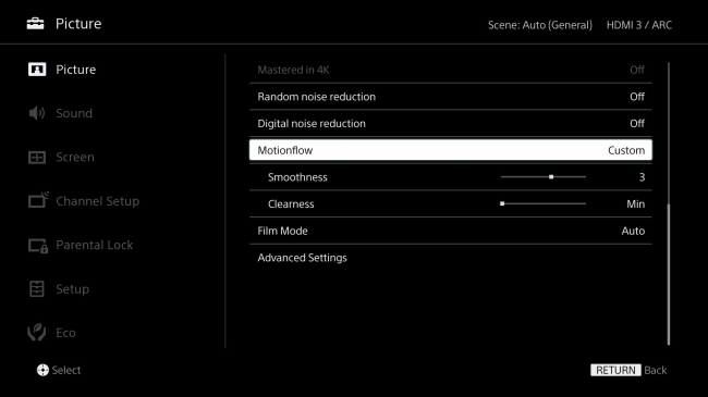 إعدادات الصورة على تلفزيون Sony