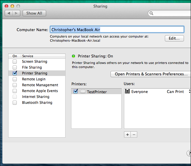 enable-tulostimen jakamista vs. mac-os-x