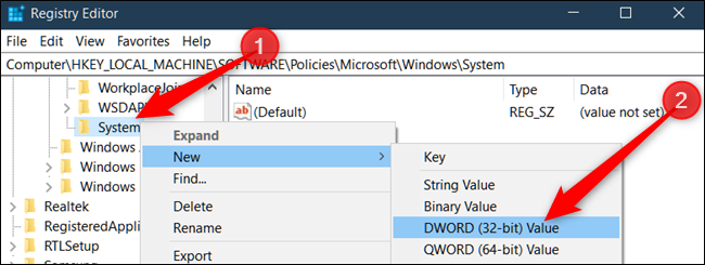 Clique com o botão direito do mouse na chave Sistema, selecione Novo> Valor DWORD (32 bits) e nomeie-o como DisableAcrylicBackgroundOnLogon