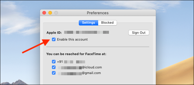 Norėdami išjungti „FaceTime“ „Mac“, panaikinkite žymėjimą žymėdami mygtuką „Įgalinti šią sąskaitą“ „FaceTime“ nuostatose