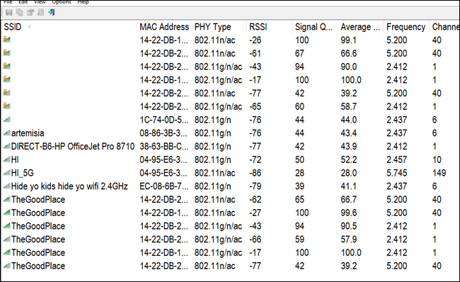 WifiInfoView-vindue, der viser Wi-Fi-scanningsresultater.