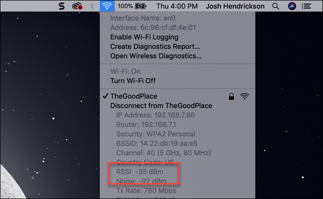 Submenu Wi-Fi do MacOS mostrando a entrada RSSI medida em dBm.