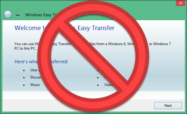 „Windows Easy“ perkėlimo programa su simboliu „NO“.