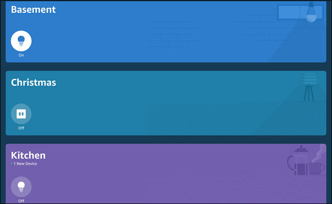 Alexa-app med grupper som heter källare, jul och kök