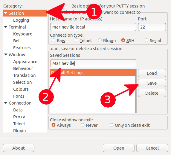 Enregistrement des paramètres PuTTY