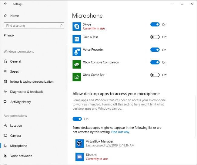 Kurios programos šiuo metu naudoja jūsų mikrofoną „Windows 10“ nustatymų programoje