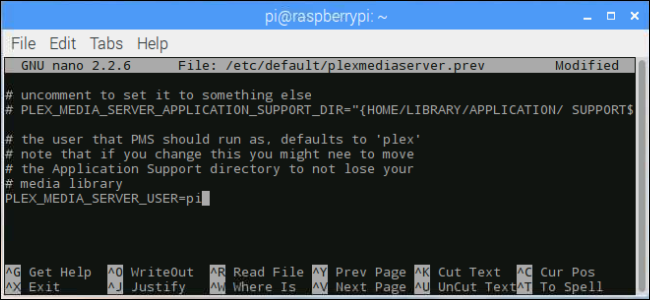 ventana de terminal: cambiar Plex a Pi como usuario