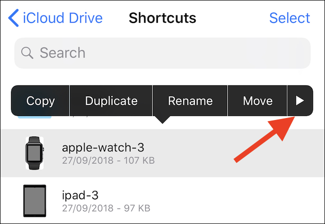 Érintse meg hosszan a fájlt. Koppintson a nyílra