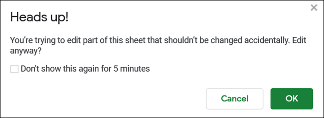 La amistosa advertencia de que está editando un rango de celdas que ha sido protegido