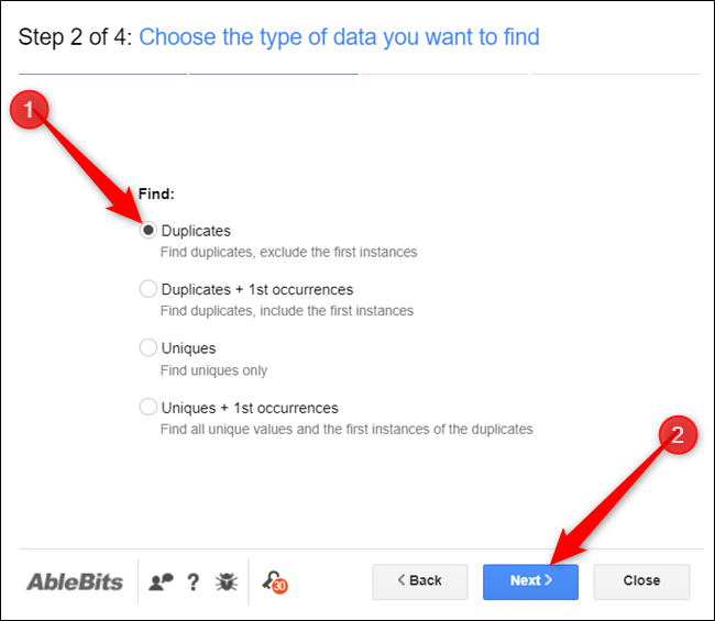 Sélectionnez Duplicates, puis cliquez sur Next.