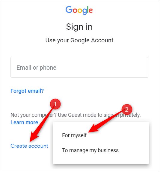 खाता बनाएँ पर क्लिक करें, फिर स्वयं के लिए क्लिक करें