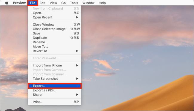 प्रीव्यू ऐप में फाइल पर क्लिक करें और फिर एक्सपोर्ट करें