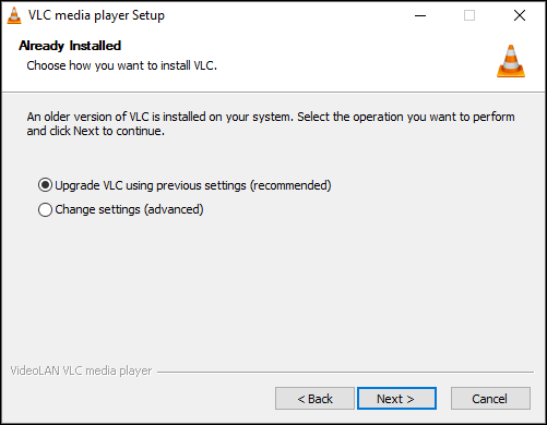 Oppgradering av VLC med gjeldende innstillinger på Windows