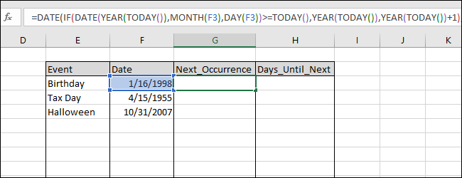 Ingresando "= FECHA (SI (FECHA (AÑO (HOY ()), MES (F3), DÍA (F3))> = HOY (), AÑO (HOY ()), AÑO (HOY ()) + 1), MES (F3), DÍA (F3)) "en la celda F3