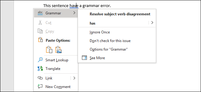 Corrigindo um erro gramatical no Word 2019 para Office 365