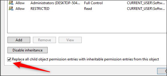 Zaškrtněte políčko vedle položky Nahradit všechny položky oprávnění podřízeného objektu zděděnými položkami oprávnění z tohoto objektu.
